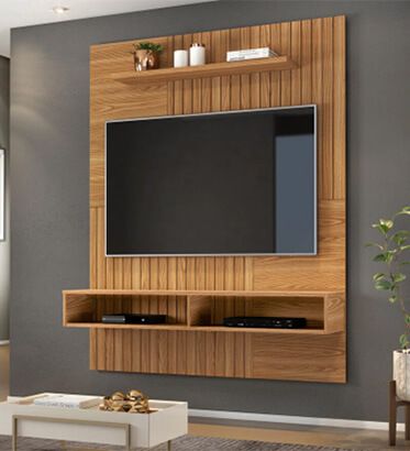 earthy wood tv unit attached to wall 