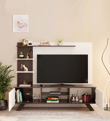 Brown and white colour tv units with open storage space 
