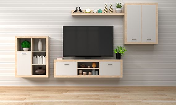 white background theme with storage tv unit